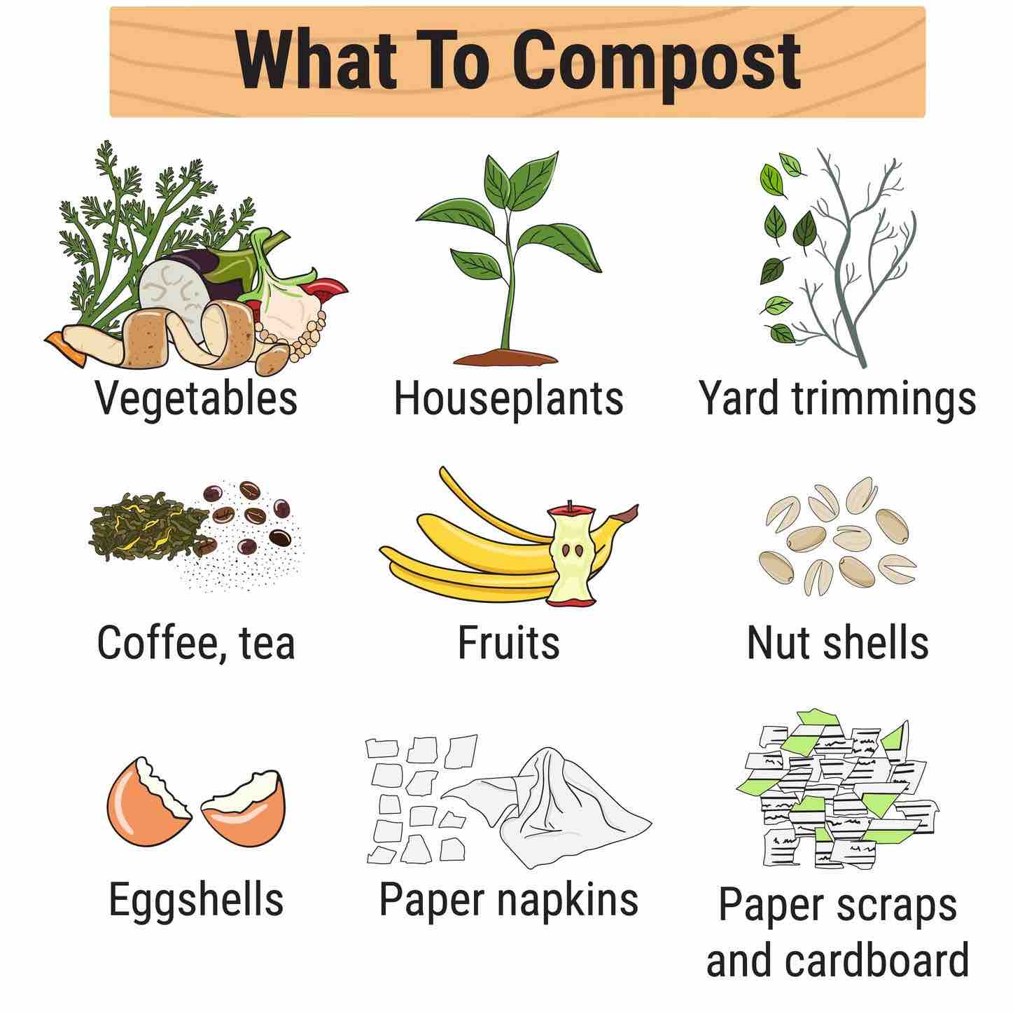What to compost? Everything that once came from the Earth can be returned to the soil. Including fruits and vegetables, houseplants, yard trimmings, coffee, tea, nut shells, eggshells, paper napkins, paper scraps and cardboard